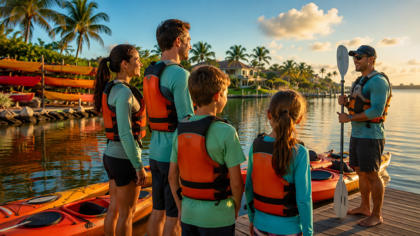 Family kayak safety briefing at the Hollywood, FL dock